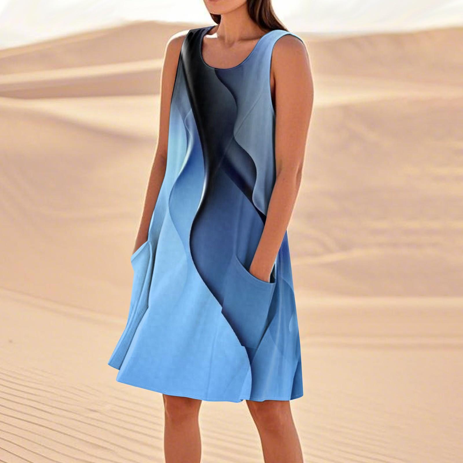 

Летние платья для женщин, свободные пляжные повседневные сарафаны без рукавов с карманами, платье-майка L синий