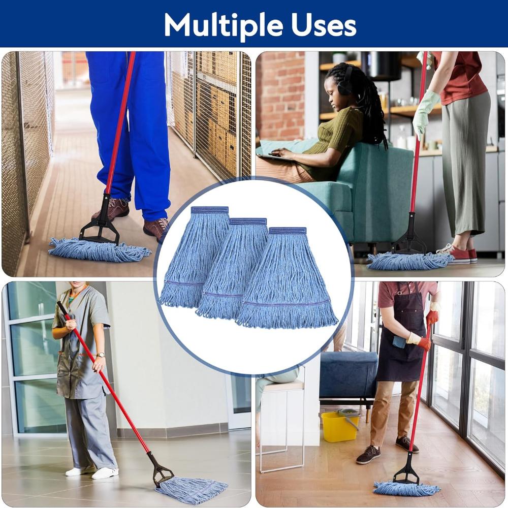 CLEANING Heavy Duty Mop Head Commercial Replacement for General and Floor Cleaning , Wet Industrial Blue Cotton Looped End String Head Refill (Pack