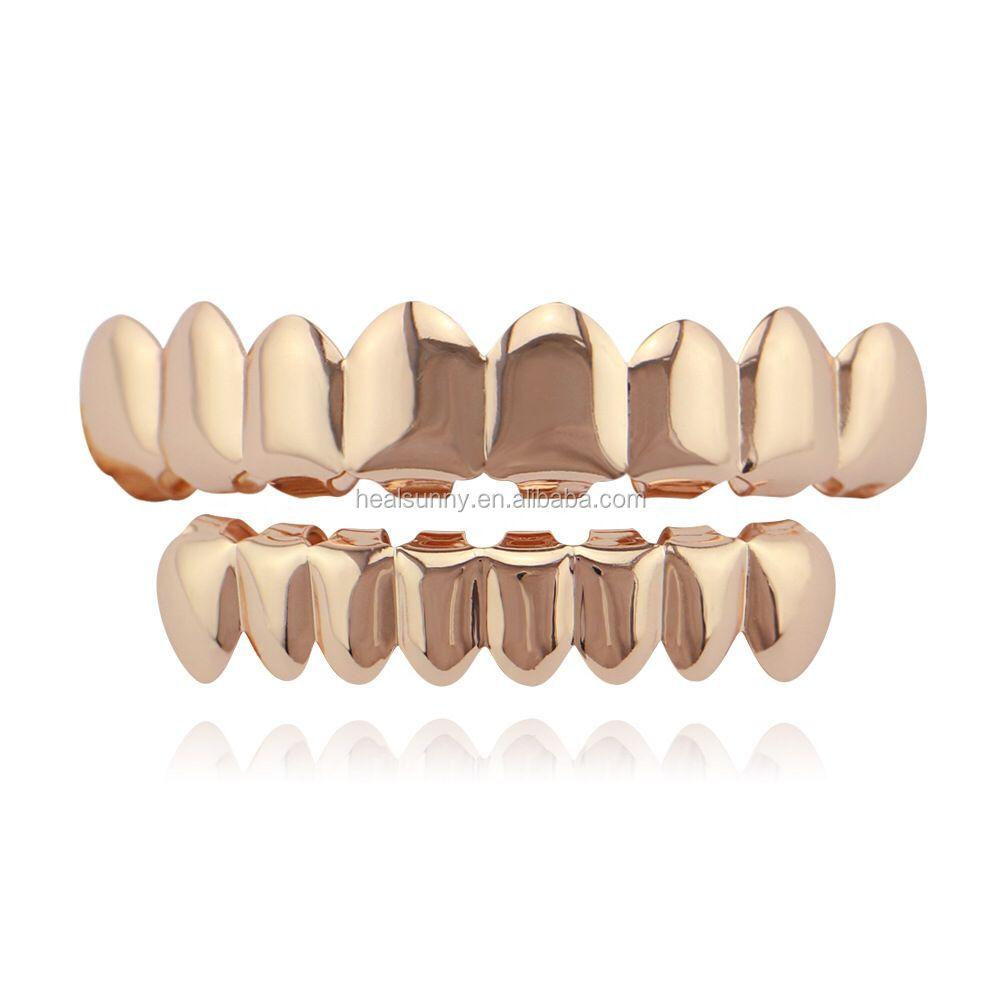 Custom Eco-friendly Gold Color Iced Rhinestones Teeth Grillz Top&Bottom Vampire Teeth Caps Hip Hop Blingbling Copper Body