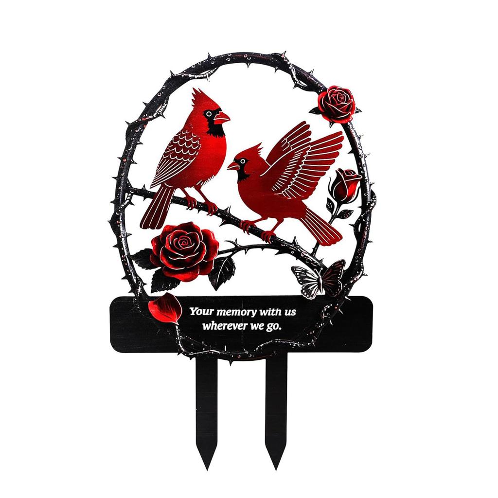 Memorial Garden Stake with Cardinal Bird and Rose Design for Cemetery Graveyard Remembrance Outdoor Decoration