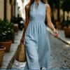 European, American spring and summer new temperament V-neck sleeveless commuter stand-up collar shirt long dress