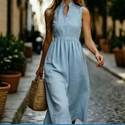 European, American spring and summer new temperament V-neck sleeveless commuter stand-up collar shirt long dress