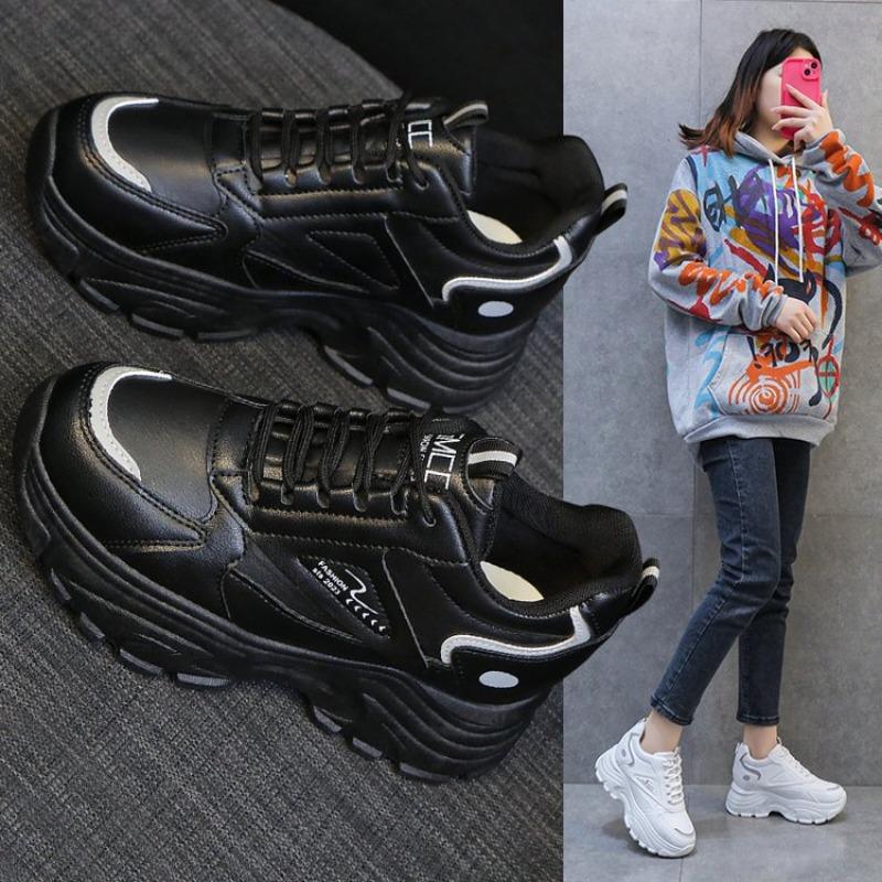 

Папины кроссовки осень новые студенческие повседневные на платформе белые туфли кожаный верх спортивная и повседневная обувь 40 чёрный