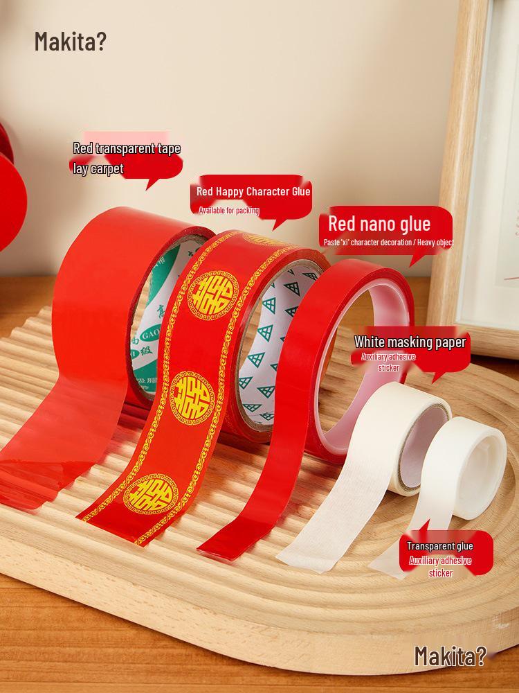 Red Wedding Decoration Transparent Double-Sided Washi Tape - Traceless Adhesive for Balloons and More White Masking Tape [3m] 5 Rolls