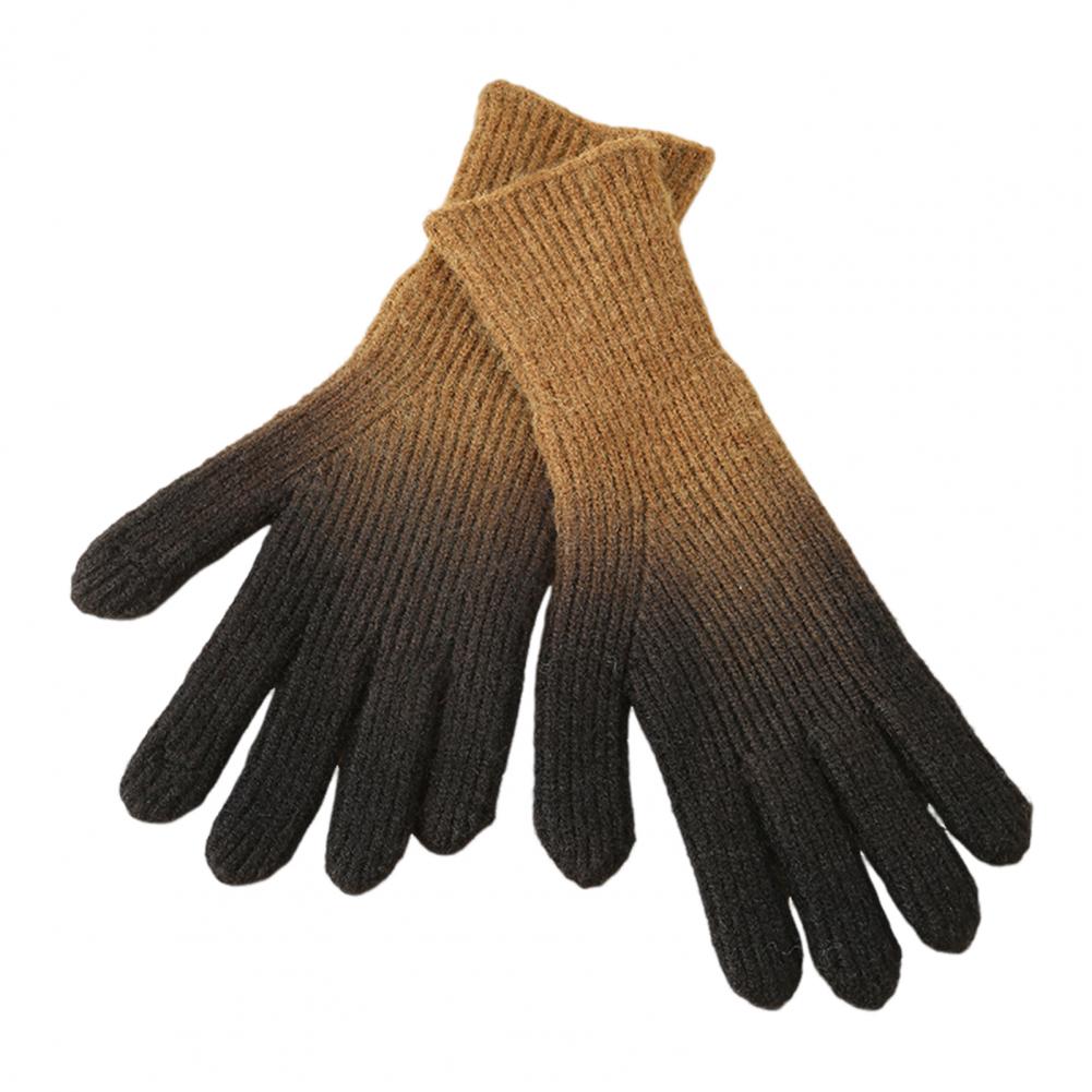 1 Pair Women Fall Winter Gloves Gradient Contrast Color Knitted Five Fingers Stretchy Anti slip Thermal Windproof O