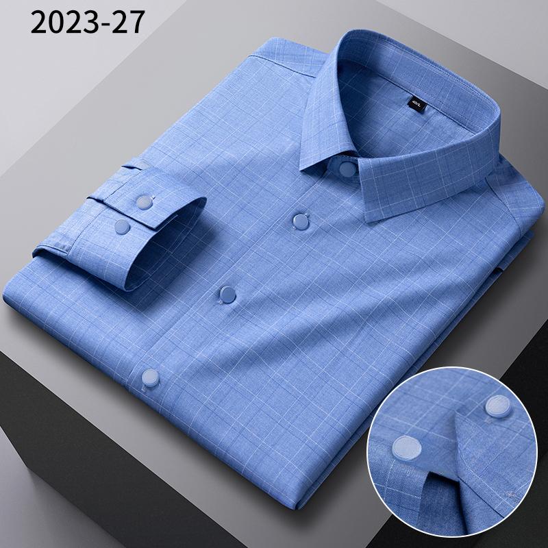 New In Shirt Elastic Plaid Casual Long Sleeve Shirts for Men Slim Fit Formal Shirt Fashion Easy-care Elegants Business Clothes