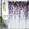 Lila Blumenvorhang, Dekorativer Duschvorhang für Badezimmer, Wasserdichter Duschvorhang mit Haken