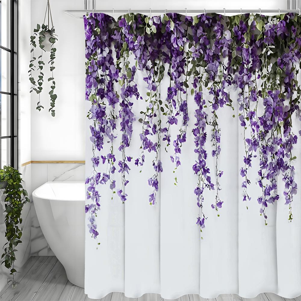 Purple Floral Shower Curtain, Bathroom Decorative Shower Curtain, Waterproof Shower Curtain with Hooks