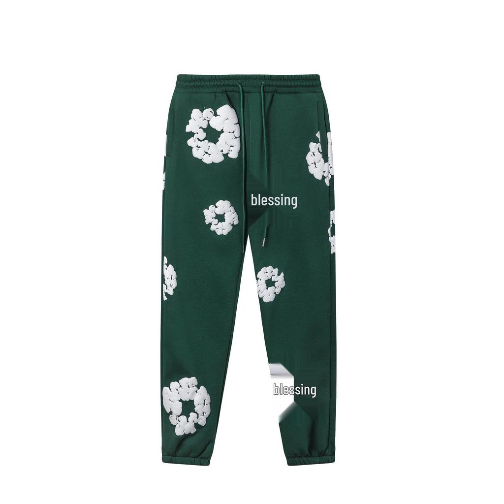 2025 Unisex Cotton Floral Bubble Print Hoodie & Sweatpants Set for Autumn/Winter - European & American Style