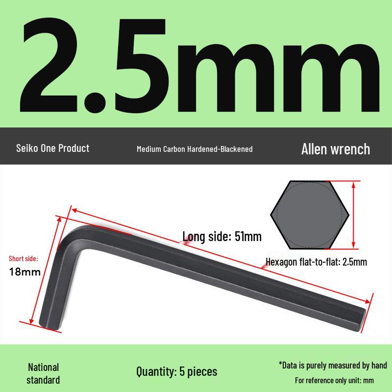 Medium Carbon L-type Hex Key Wrench, Hardened Steel, Black Oxide, 2mm-8mm