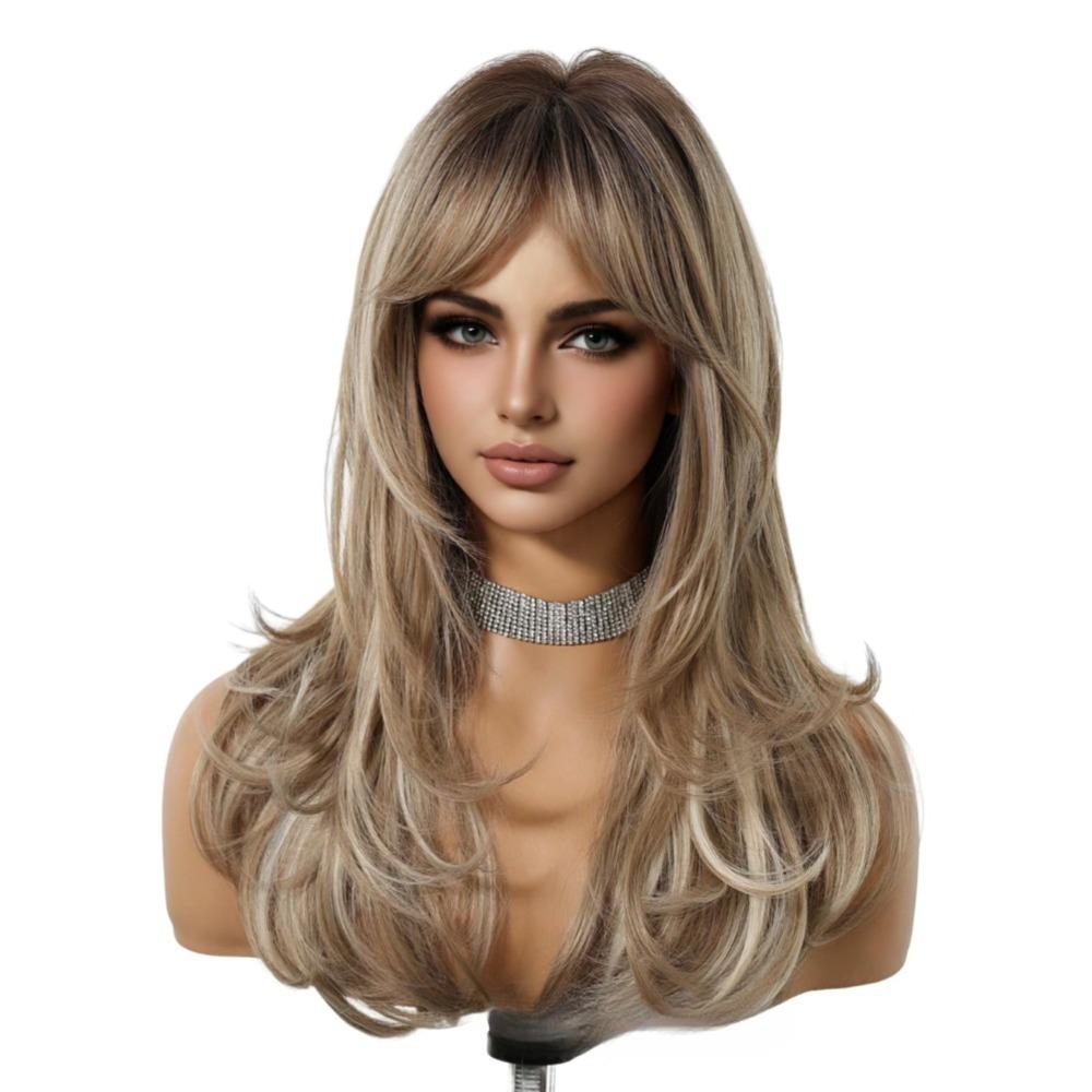 

Long wavy wig, women with curtain bangs, natural daily and party look, 24 inches 1PCS