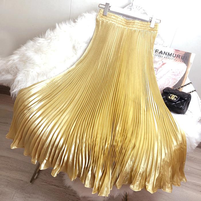 Women Reflective Bright Satin Long Skirt with Solid Color Pleated A-Line Skirts for Fall
