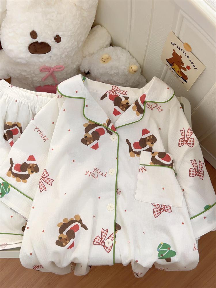 

Cute new Christmas puppy pajamas women s summer cardigan lapel short-sleeved shorts set can be worn outside loungewear S