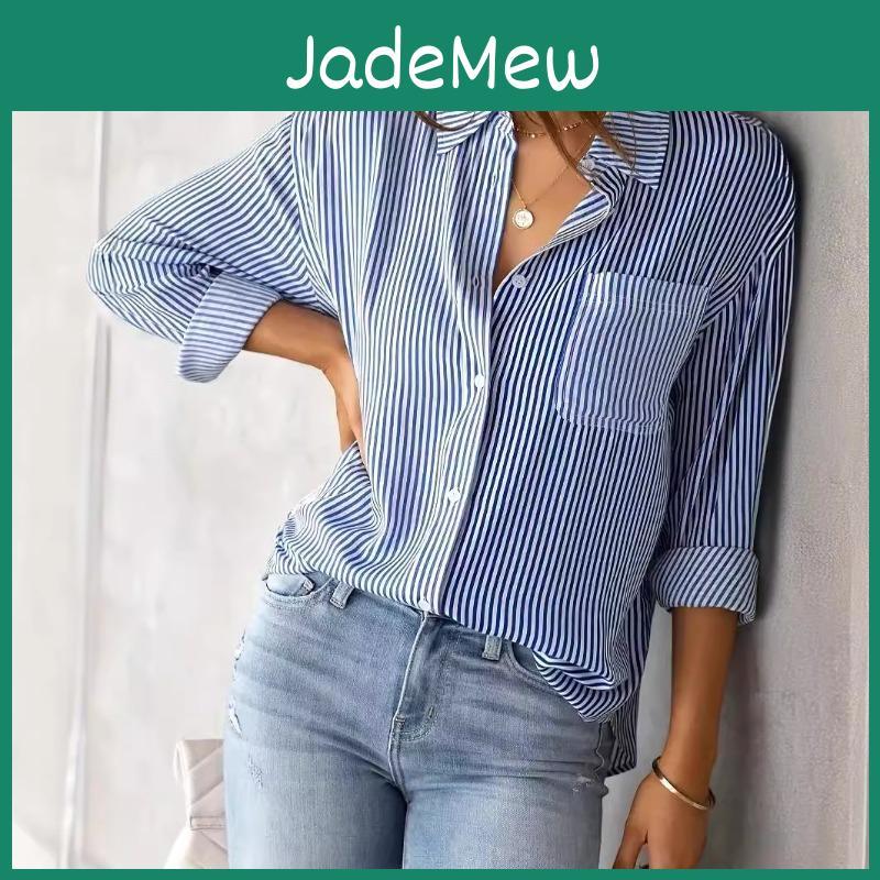 Moda Casual de Primavera Yyfs Blusas Camisas Femininas de Outono com Estampa de Listras Manga Longa Gola Polo