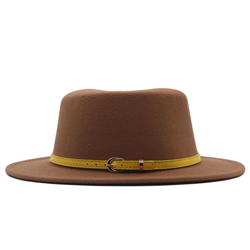 Hat Women's Woolen Top Hat Autumn and Winter Solid Color Retro Gentleman British Style Flat Top Belt Accessories Felt Hat