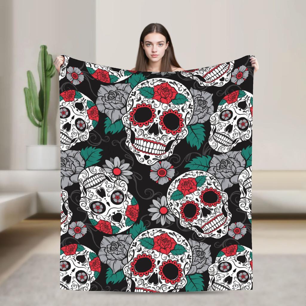 Sugar Skull Rose Halloween Knitted Blanket Flannel Gothic Day of the Dead Warm Throw Blankets for Bed Bedspread