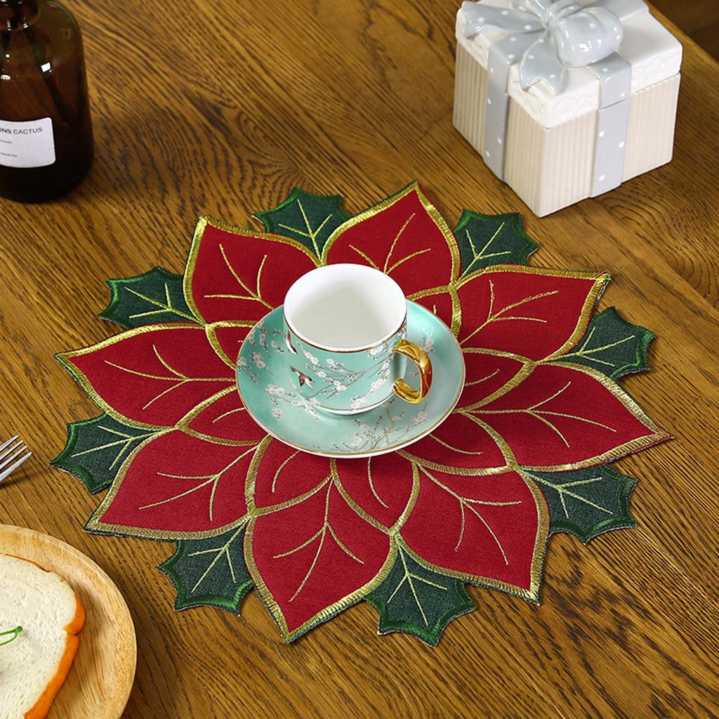 Xmas Table Top Decor Mat Double Layers Applique and Embroidery Xmas Flowers Decorative Table Mat