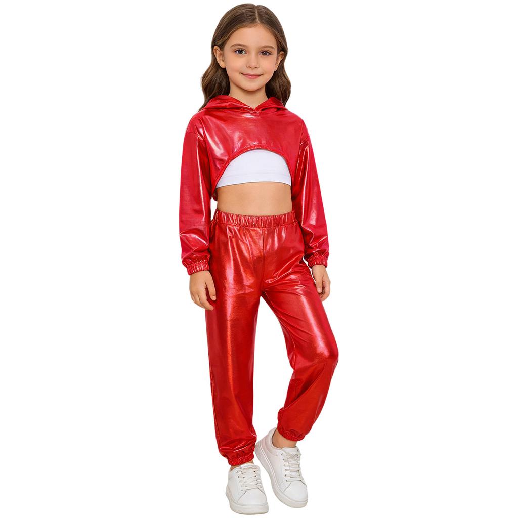 Girls Hip Hop Jazz Dance Costume 3 Piece Set Metallic Cropped Hoodie Sleeveless Keyhole Back Vest Pants