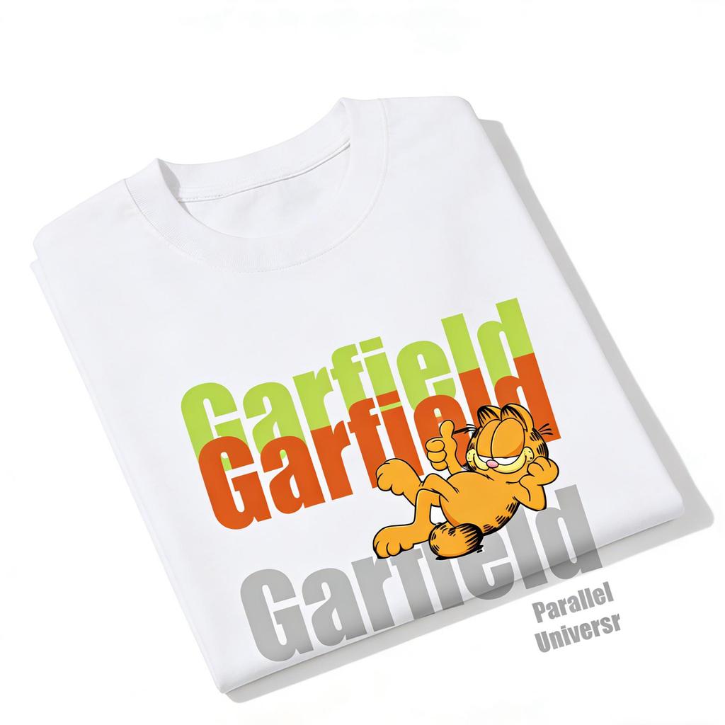 Garfield "Parallel Universe" Layered Color Letter Print Short Sleeve T-Shirt, American Streetwear Heavyweight Cotton Loose Fit Oversized Couple Top