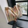 Stylish Blue Pink Beige Rainbow Striped Canvas Tote Bag With Embroidery For Daily Use