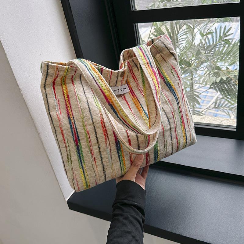 Stylish Blue Pink Beige Rainbow Striped Canvas Tote Bag With Embroidery For Daily Use
