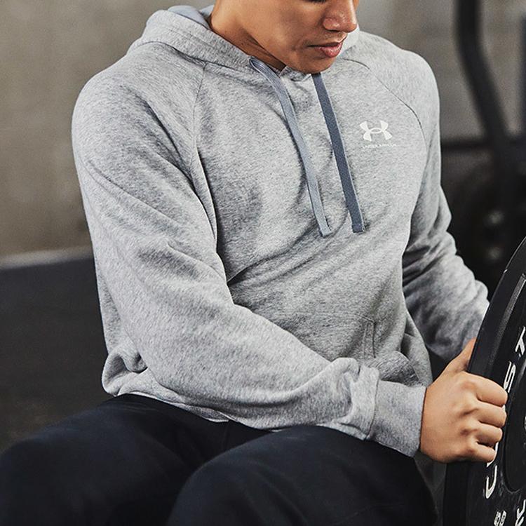 Under Armour Rival Solid Color Hooded Pullover Sport Long Sleeve Sweatshirt Men Tops Gray 1366723-035