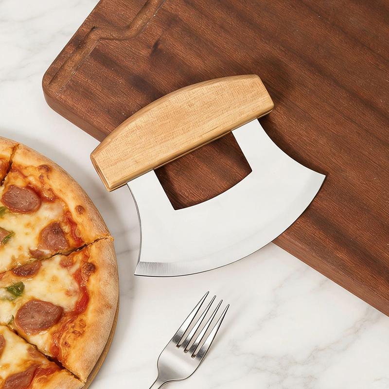 Wooden Handle Pizza Cutter Stainless Steel Pizza Slicing Food Chopper Herb Cheese Knife Cutter Ring for Precise Baking Tools