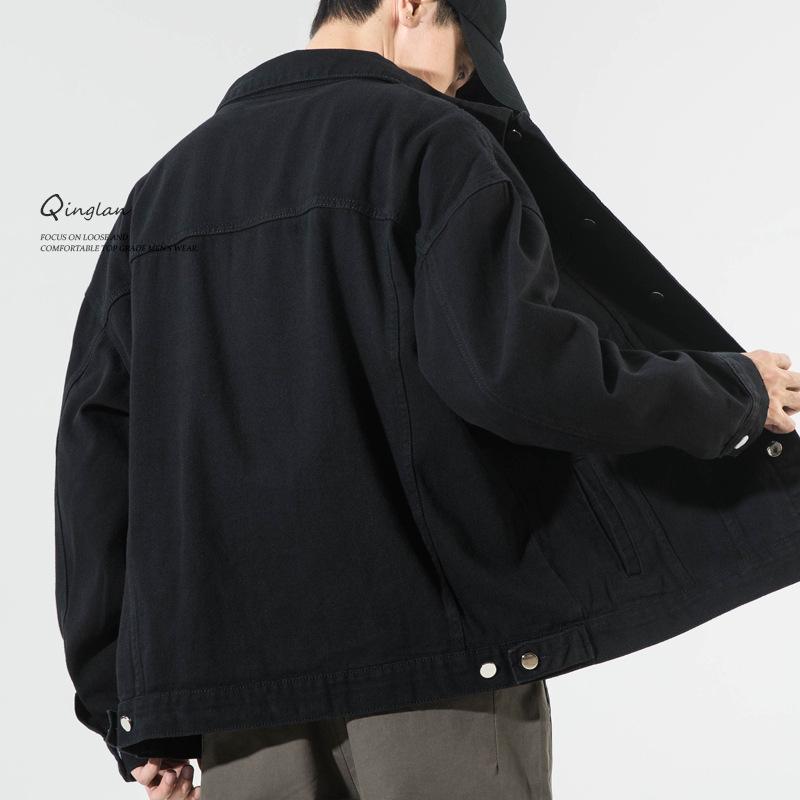 Black Denim Jacket Men'S Loose Casual Large Size Fat Man Thin Versatile Ruffian Handsome Tooling Jacket Top