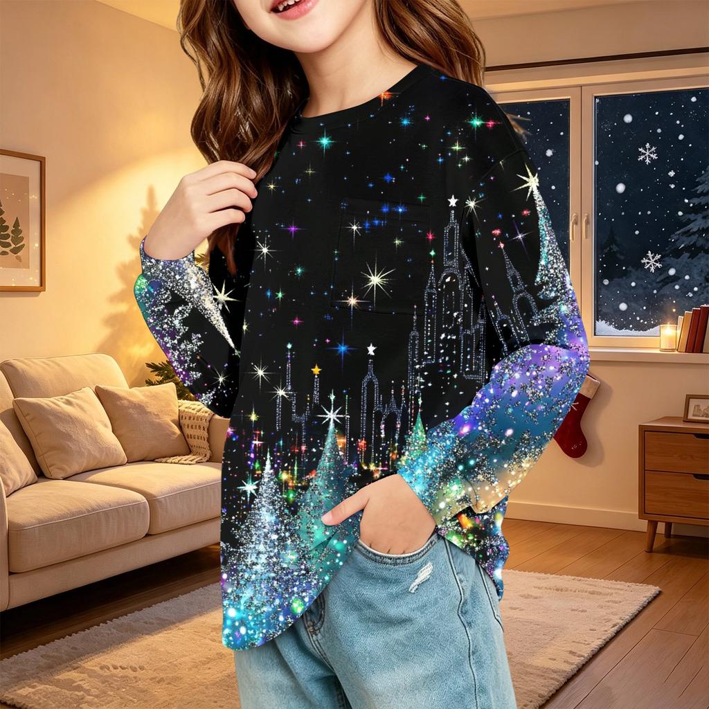 Children's Christmas Print Long Sleeve Neck Shirt with Pocket for Boys and Girls