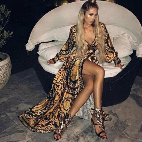 Rochie boemă cu decolteu în V, cu imprimeu floral și mâneci lungi 2024