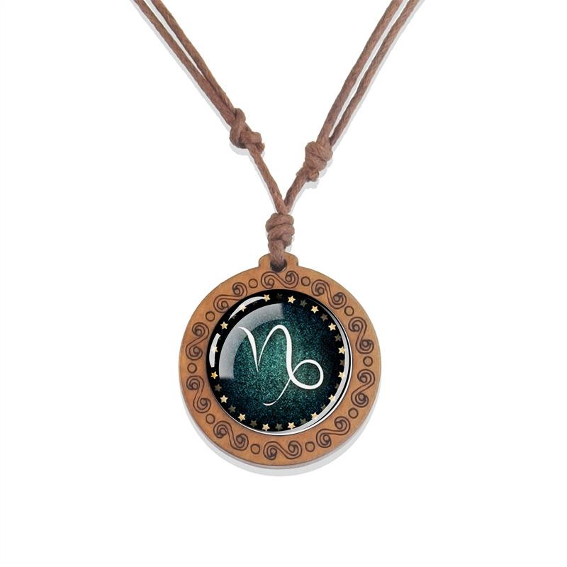 12 Zodiac Signs Constellation Necklaces Glass Dome Vintage Wooden Pendant Rope Chains Necklace for Women Men Jewelry Birthday Gift