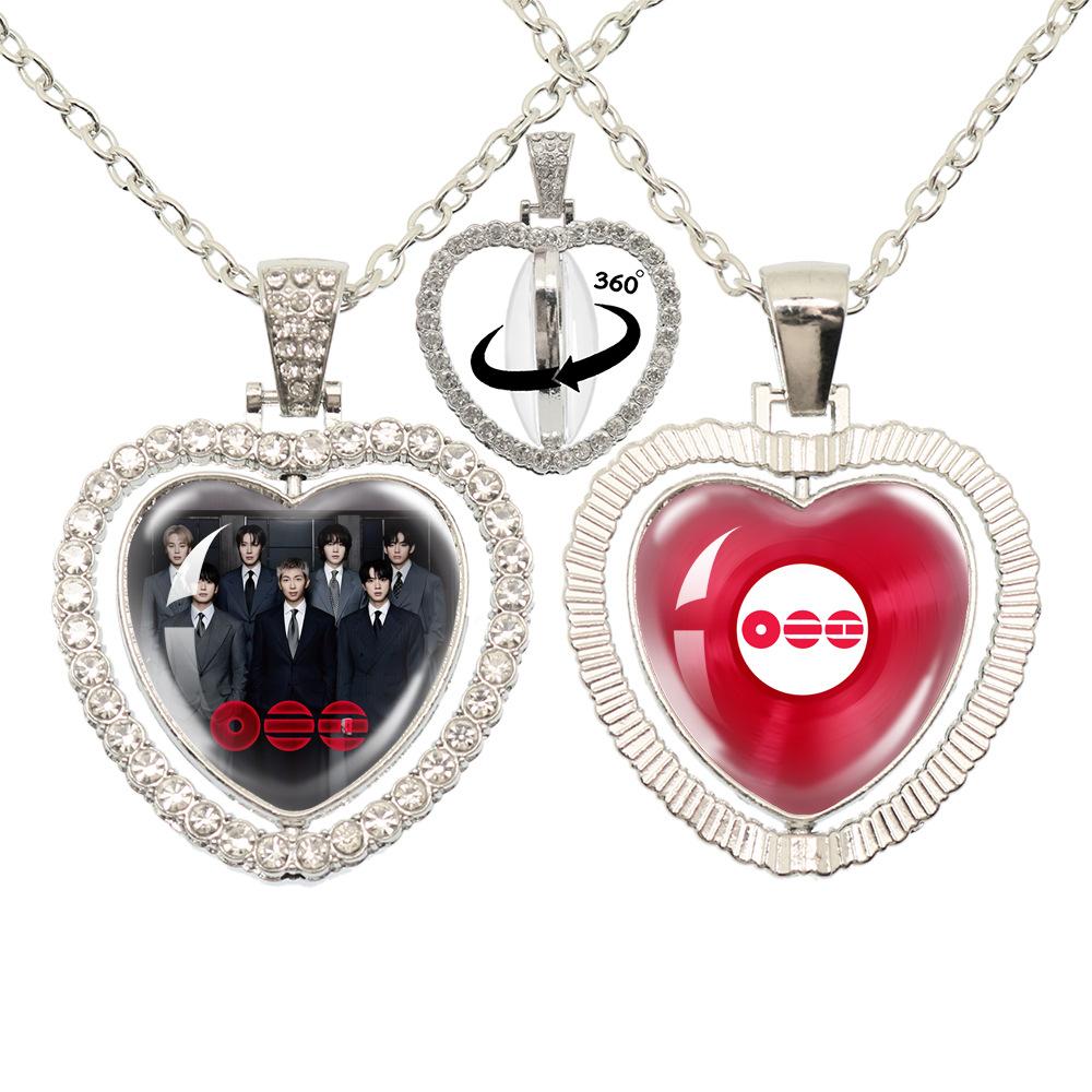 BTS Doppelseitige 360° drehbare Herz Halskette, Bangtan Boys Gruppe & Mitgliedsfoto Anhänger, Kpop ARMY Fans Schmuck Geschenk