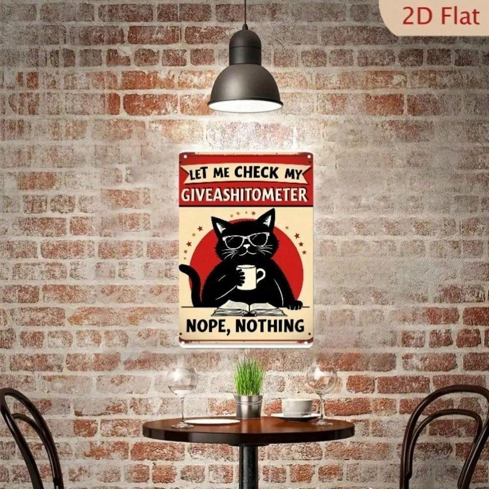 Vintage Black Cat Coffee Poster, Sarcastic Check My Giveashitometer Quote, Metal Wall Art for Home