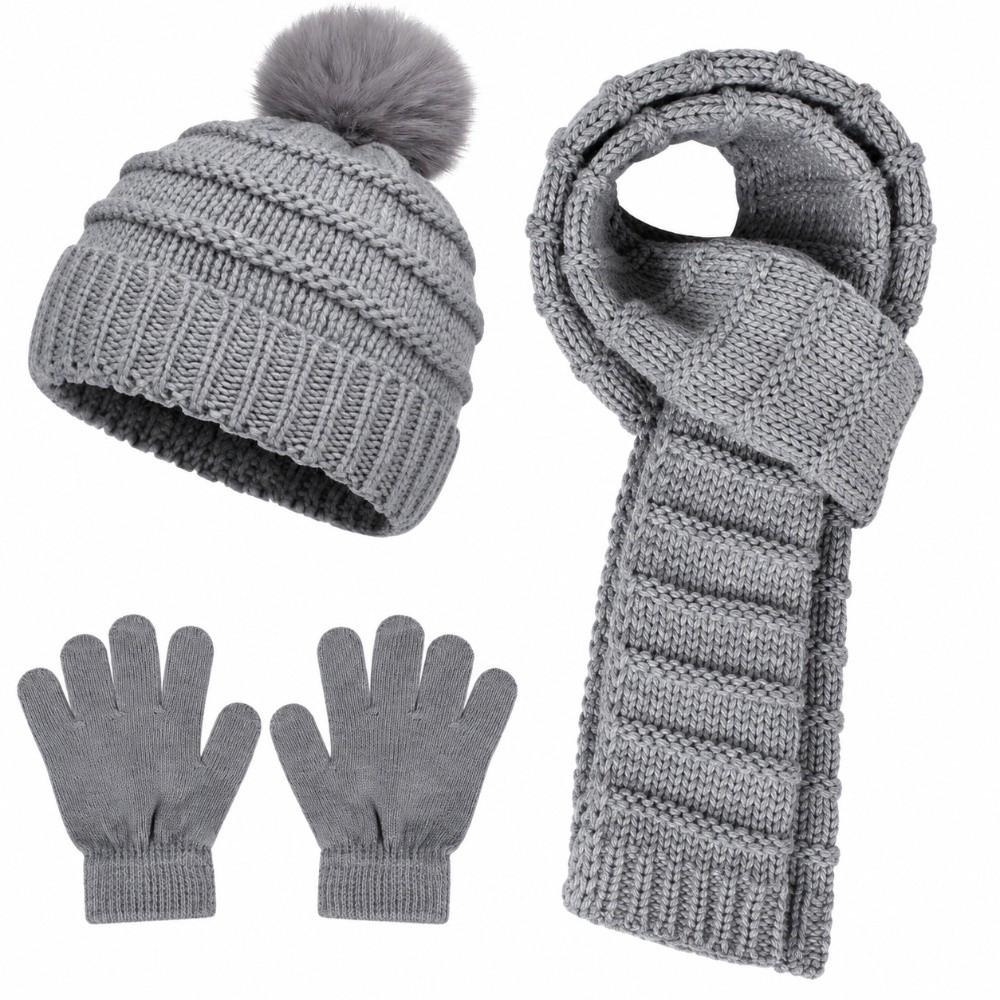 3Pcs/Set Pom Pom Knitted Scarf Gloves Set Soft Cozy Winter Hat Scarf Gloves Kit 2-5Y Baby Kids