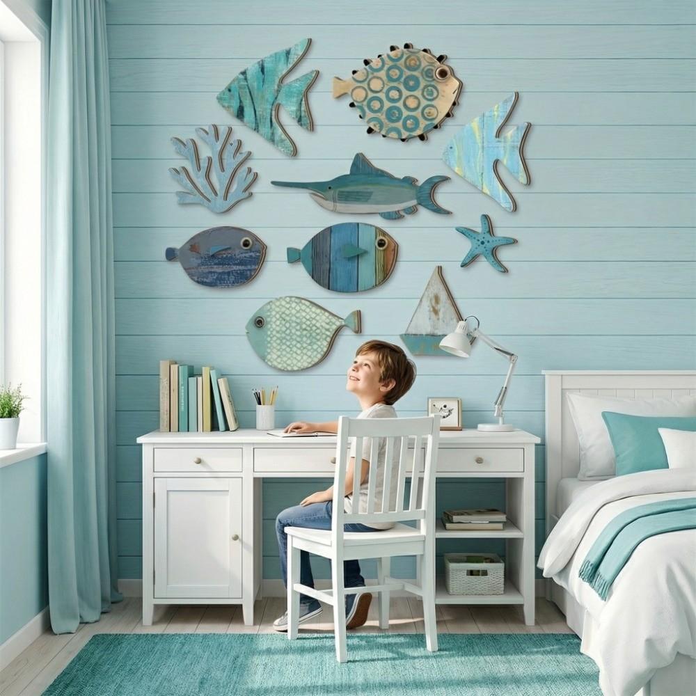 10Pcs Vintage Rustic Ocean Animal Decoration Retro Wall Art Fish Wall Decor Funny Fish Decorative Plate Bedroom Home Decorations