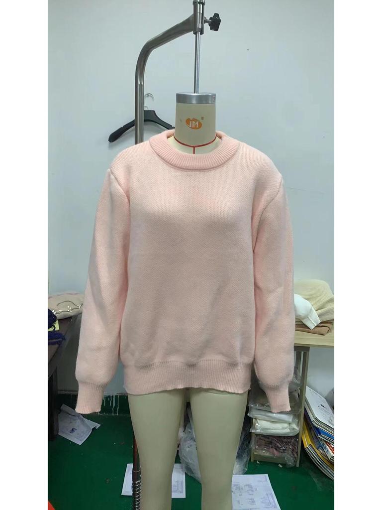2024 Pink Sweet Round Neck Pullover Sweater - European & American Winter Style