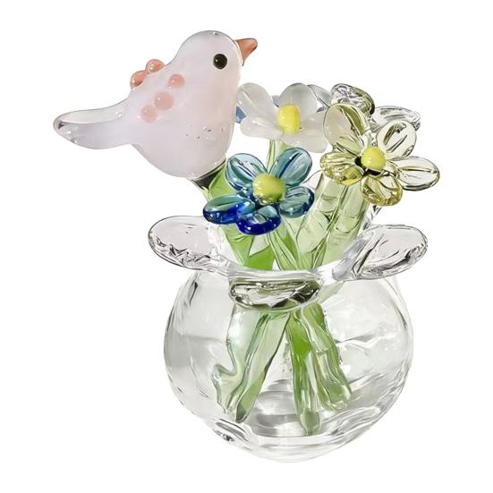 Miniature Glass Flower Figurine Small Hand Blown Faux Crystal Flower Bouquet in Vase