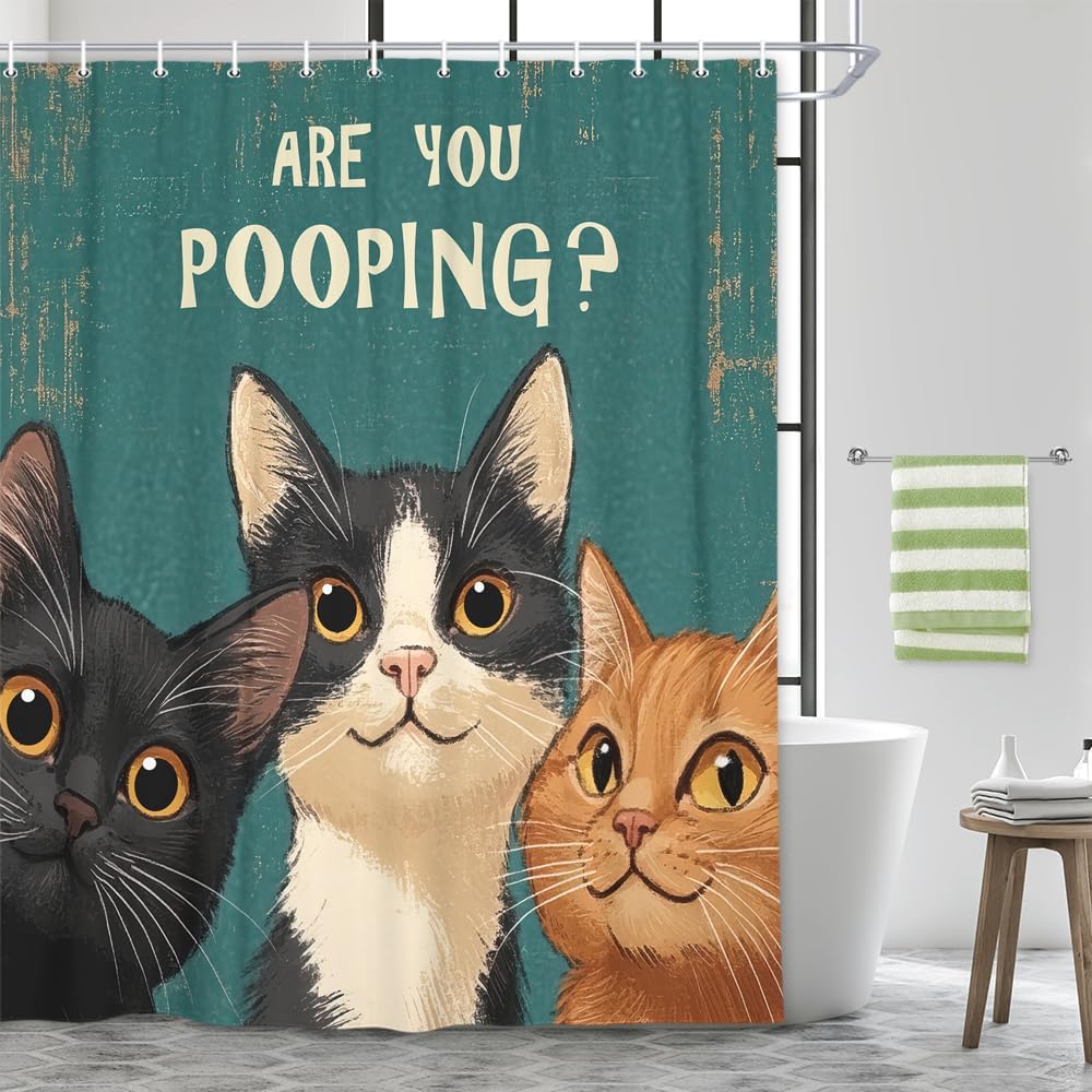 Funny Cat Vintage Shower Curtain, Are You Pooping Curious Kitty Fun Whimsical Shower Curta, Fancy Humor Cat Polyester Fabric
