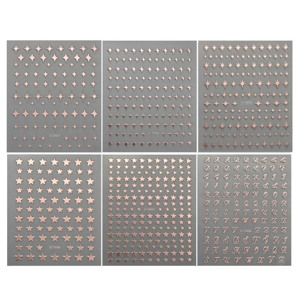 6Pcs Y2K Irregular Star Manicure Decals Gold Silver Color Letters Nail Decorations Nail Supplies