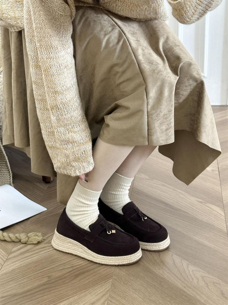 Old Qian Fengpo Heel Loafers Women's 2025 New Mao Mao Thick-soled One-pedal Single Shoes Linen Straw Fisherman Shoes