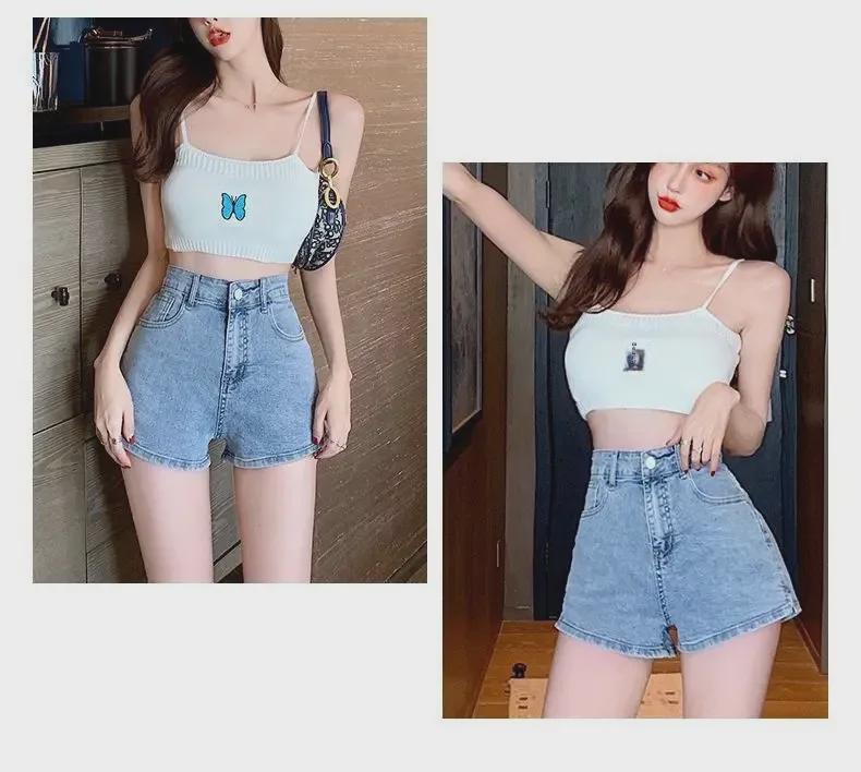 Korean Style High Waist Split-Leg Light Blue Denim Shorts - Women's Slimming Wide-Leg Summer Hot Pants