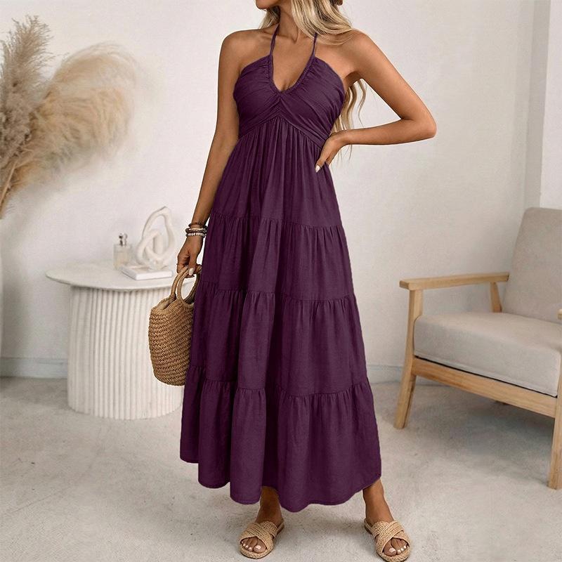 Spring and Summer European Style Solid Color Vacation Loose Fit Maxi Dress Fashion Backless