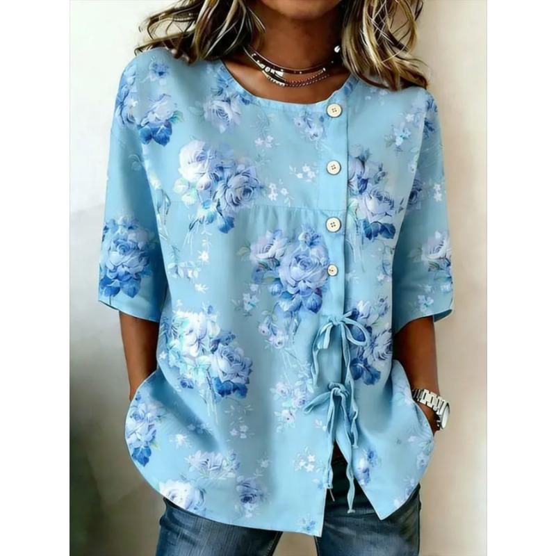 Women's printed lace-up short-sleeved blouse, fashionable and versatile, comfortable and skin-friendly, machine washable.