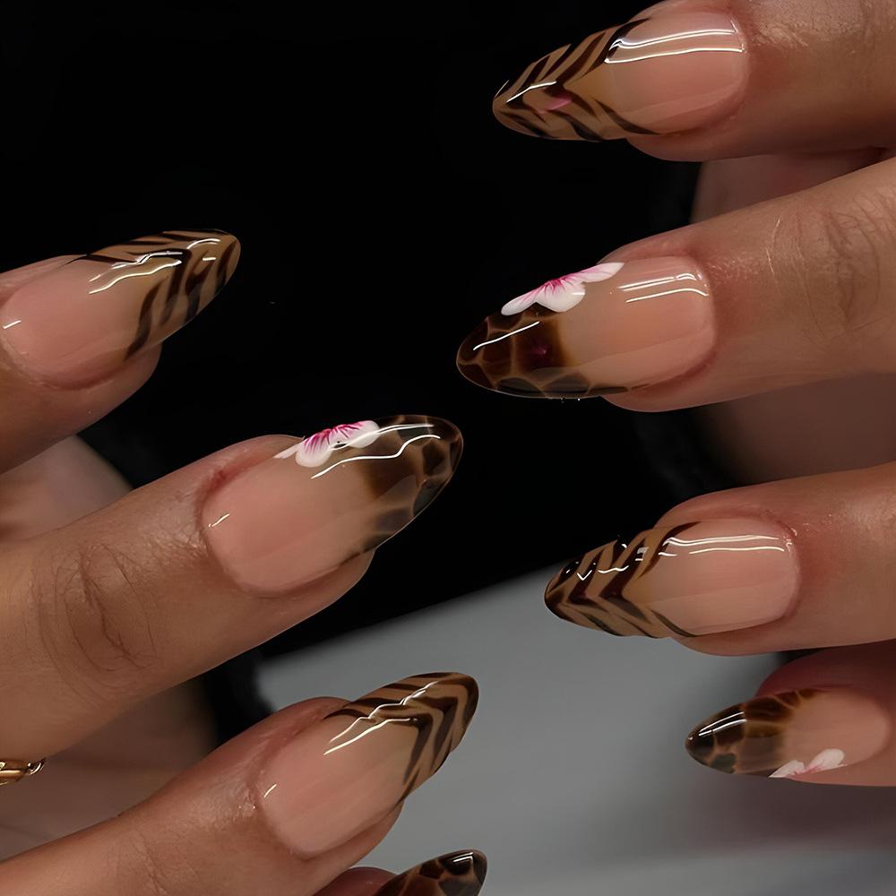 24Pcs Brown Leopard Print Long Stiletto Press On Nails Detachable Acrylic Manicure Set Cool Fake Nails For Women