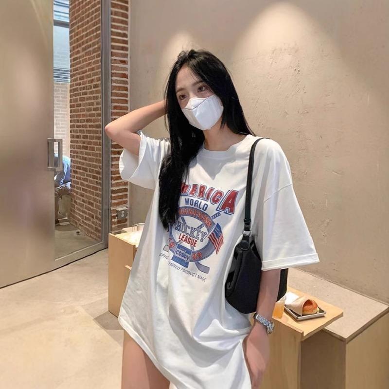 

Loose Round Neck Mid-length Short-sleeved T-shirt Women Summer Korean Fashion Casual Top Women M белый