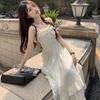 Sweet Spice Girl Lotus Leaf Edge Chic Suspender Skirt Women's Spring and Summer High Sense Niche Chiffon Apricot Dress Knee Long Dress