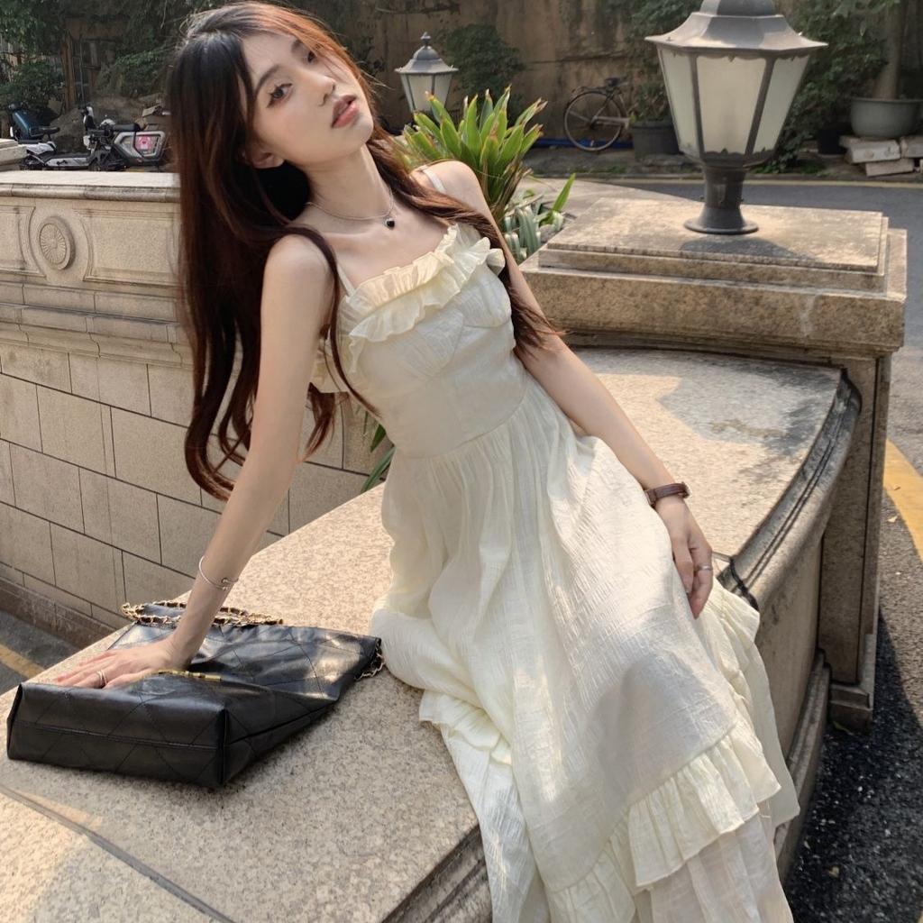 Sweet Spice Girl Lotus Leaf Edge Chic Suspender Skirt Women's Spring and Summer High Sense Niche Chiffon Apricot Dress Knee Long Dress