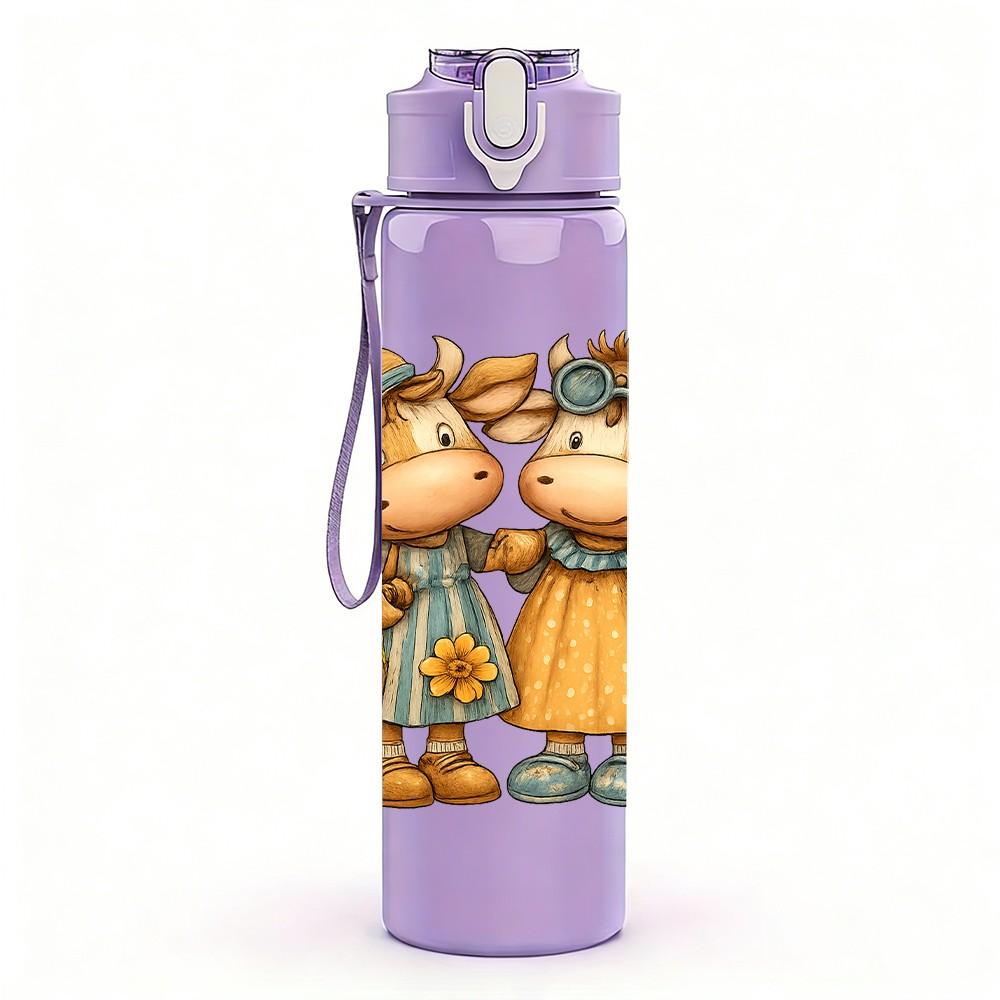 1PC Twin Country Dolls Cartoon 750ml Color Plastic Sports Water Bottle Leakproof Flip Straw Lid Suitable for Sports Office Home Use