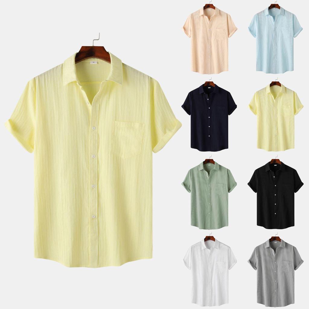 2025 Summer European & American Men's Waffle Short Sleeve Solid Color Casual Shirt