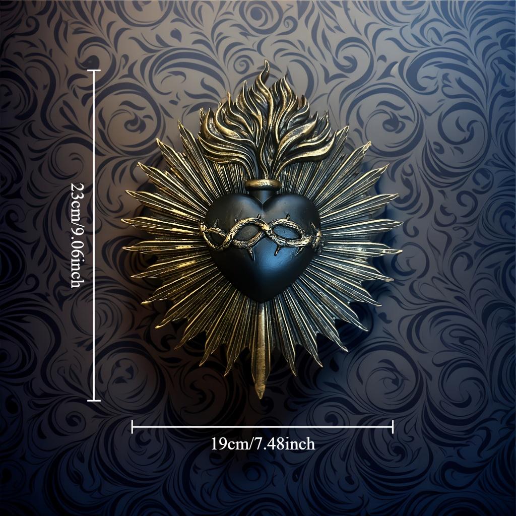 1pc Gothic Sacred Heart Wall Plaque-Religious Home Decor with Golden Rays, Resin Catholic Wall Hanging-Ornate Chapel Decoration